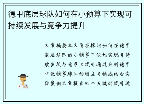 德甲底层球队如何在小预算下实现可持续发展与竞争力提升